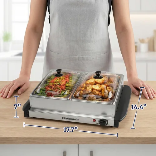 Vista 4 de Elite Gourmet EWM-6122 Bandejas dobles de 2 x 2.5 cuartos de galón, servidor de buffet, control de temperatura del calentador de alimentos, tapas