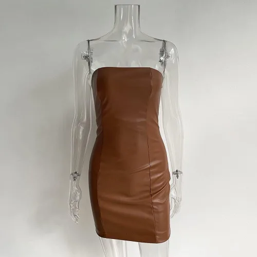 Vista 4 de XLLAIS Vestido sexy de mujer con hombros descubiertos, de piel sintética, sin tirantes, con parte superior de tubo, vestido ajustado para fiesta
