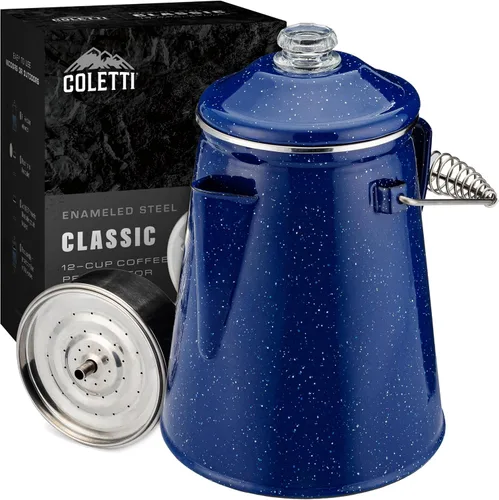 Vista 15 de COLETTI Cafetera Percolator clásica: la cafetera de camping más nostálgica, ahora modernizada [esmalte negro, 12 tazas]