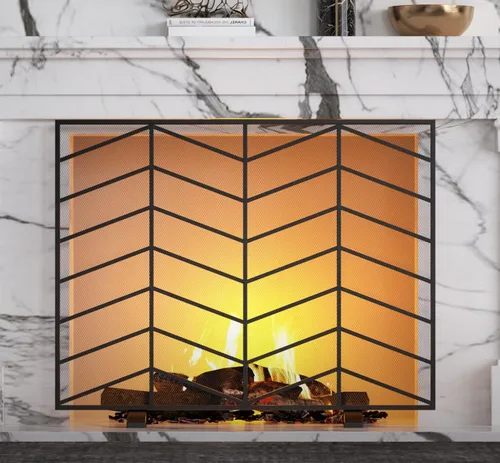 Vista 2 de Fire Beauty Panel único de chimenea de hierro forjado con malla de zigzag, protector contra chispas de fuego para sala de estar, decoración