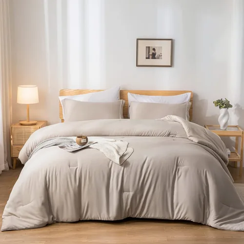 Vista 24 de weigelia Juego de edredón individual de 5 piezas beige en una bolsa, suave juego de ropa de cama Queen ligero para mujeres y hombres