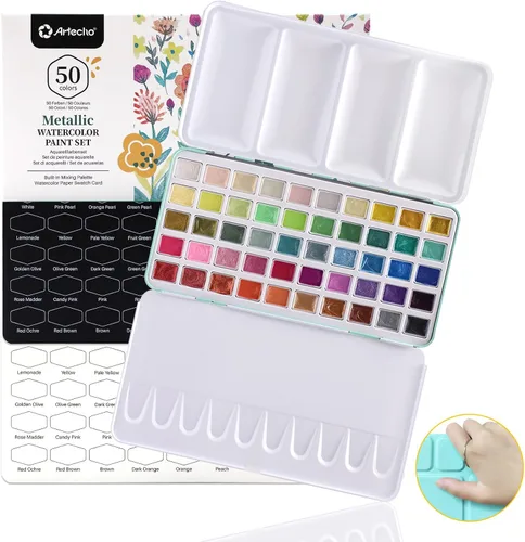 Vista 8 de Artecho Juego de pintura de acuarela de 50 colores, juego de acuarela de viaje con papeles de acuarela y pinceles, ideal para aficionados