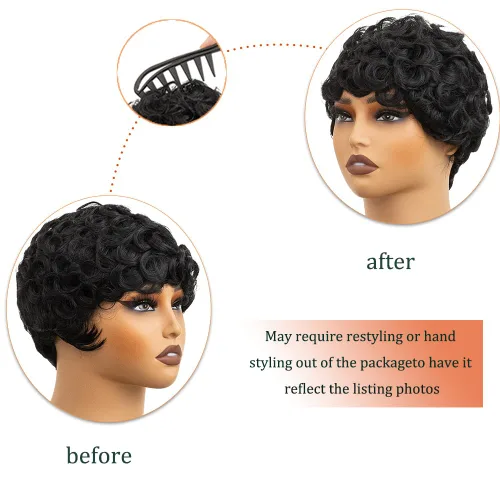 Vista 4 de Cabello rizado Pixie para mujer con flequillo para mujer (negro y rizado) Pixie - Pelucas sintéticas en capas, pelucas cortas para mujeres negras