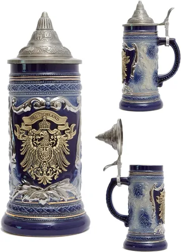 Vista 6 de HAUCOZE Jarra de Cerveza Alemana con Medallón de Águila, Tankard Vikingo para Beber con Tapa de Peltre para Regalos de Cumpleaños Hombres Padre