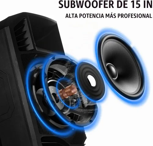 Vista 3 de EXOTON S-1501 15 Inch Portable Rechargeable PA Speaker 1600W, Bluetooth, TWS, USB/RCA, 2 UHF Mics, Remote, 7-Color Lights, DSP with 4 Scene Presets