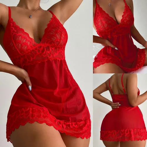 Vista 2 de MOBCTG Camisón sexy de encaje para mujer, sexy, sin hilos, con perspectiva, sexy, de encaje, para mujer, Rojo, M