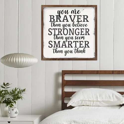 Vista 3 de Farmhouse Rustic Wood Framed Signs 7x7 Inch,Youre Braver Than You Believe Wooden Sign with Frame Modern Wood Sign Wall Plaque Art for Kitchen