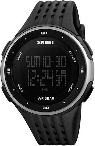 Vista 2 de PASOY Mens Digital Multi-Function Watch 2 Time Black Rubber Alarm Stopwatch Countdown Date Green Backlight Swim Waterproof Watches Black