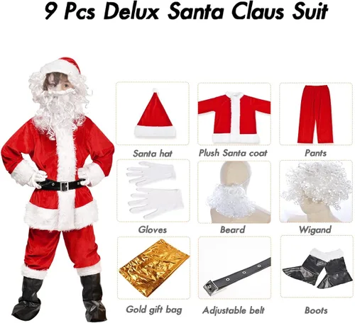 Vista 4 de Disfraz de Papá Noel para niños y niños, 9 piezas de franela de lujo
