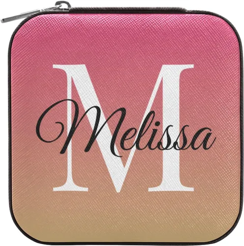 Vista 2 de Caja de joyería de viaje personalizada con degradado rojo y rosa con diseño de degradado, de piel sintética, portátil, organizador de joyas