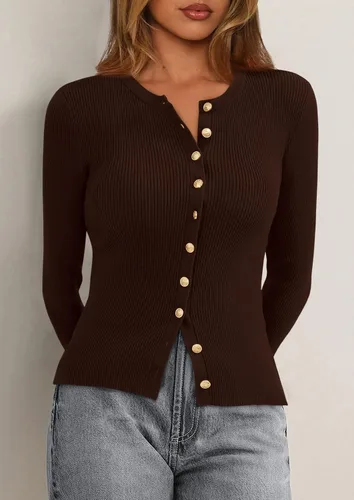 Vista 4 de PRETTYGARDEN Suéteres tipo cárdigan ligeros de otoño para mujer Marrón
