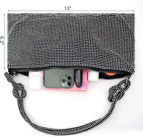 Vista 5 de Bolso Hobo plateado con diamantes de imitación, bolso de noche negro brillante para mujer, fiesta de graduación, boda