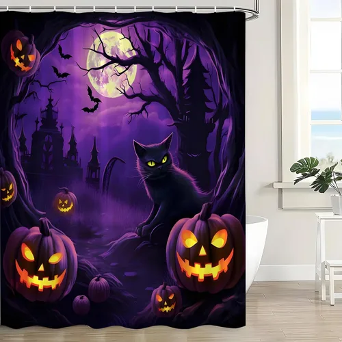 Vista 2 de Cortina de ducha de Halloween, espeluznante gato negro, calabazas aterradoras, luna llena, casa encantada, murciélagos, árbol muerto, cortina