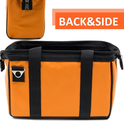 Vista 6 de Bolsa de herramientas de 13 pulgadas, impermeable, naranja, organizador de herramientas con boca ancha y correa de hombro para herramientas
