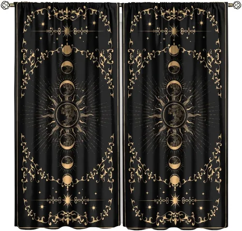 Vista 42 de Cortinas opacas con diseño de sol y luna, cuerpos celestes bohemios, con diseño de sol, luna y estrellas, para sala de estar, dormitorio, 42 x 45
