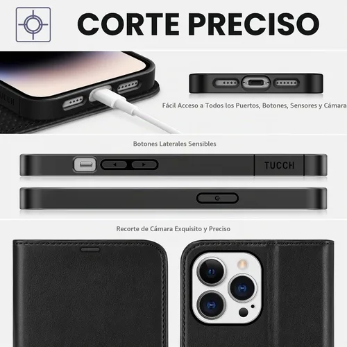 Vista 8 de TUCCH Funda tipo cartera para iPhone 14 Pro Max (6.7") 2022, 4 tarjeteros Negro
