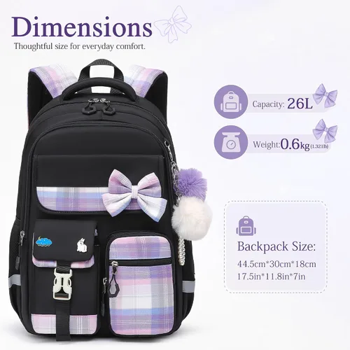 Vista 3 de Alrisg Mochila escolar para niñas, a cuadros, ligera, con lazo, color negro