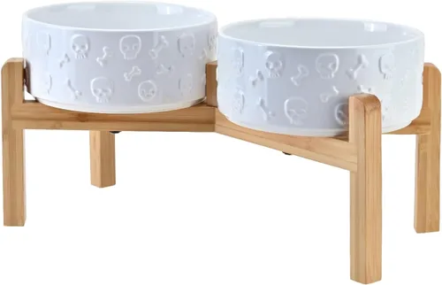 Vista 46 de SPUNKYJUNKY Cuencos elevados de cerámica para perros, 5.1 pulgadas, para comida de perros y gatos, cuencos elevados con soporte de bambú Verde oscuro
