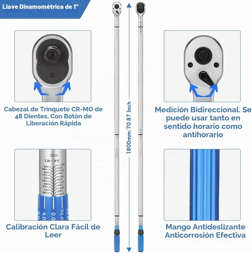 Vista 2 de BULLTOOLS Llave dinamométrica de clic de accionamiento de 1 pulgada, juego de llaves dinamométricas ajustables de doble escala con una llave