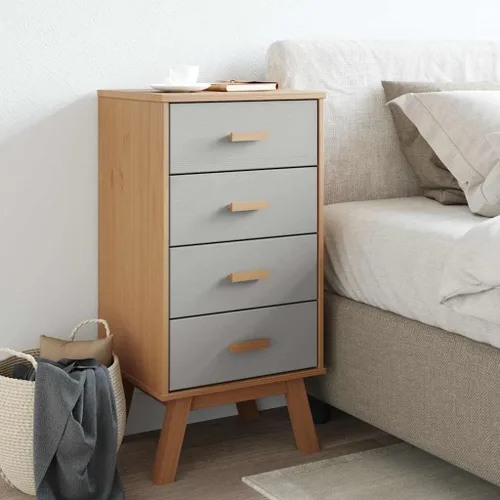 Vista 3 de Scandinavian Bedside Cabinet Grey Brown Nightstand, 4-Drawer Solid Pine Wood Storage for Bedroom, Sleek Rectangular Design with Wall Attachment