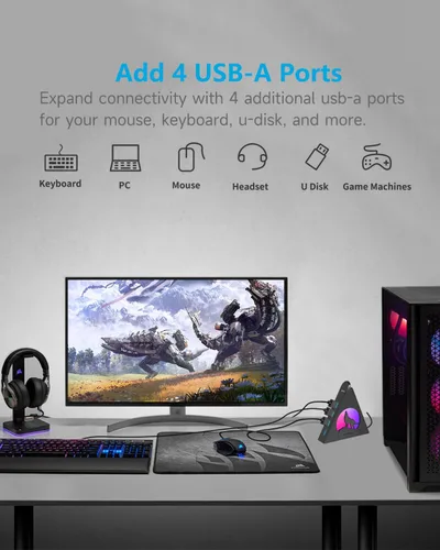 Vista 3 de Hub USB 3.0 alimentado, concentrador de 6 puertos (4 puertos de datos USB 3.0 + 2 puertos de carga inteligente) con adaptador de CA de 48 W, luz RGB
