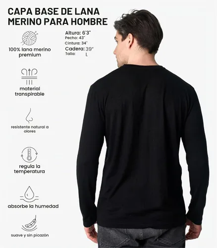 Vista 2 de Camisas 100% de lana merino para hombre, ropa interior térmica, capa base 190 negro
