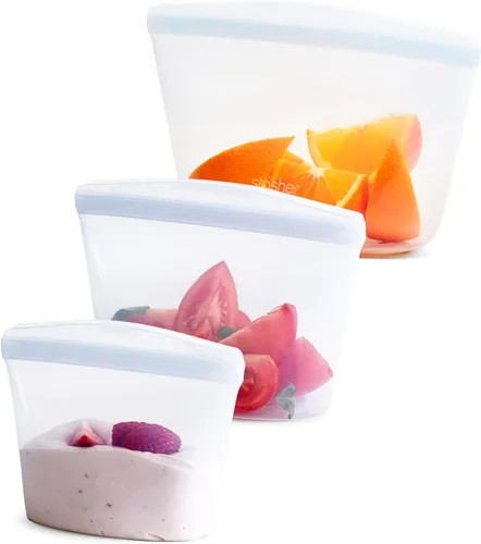Vista 10 de Bolsas de almacenamiento de alimentos reutilizables de silicona premium Stasher, paquete de 3 unidades, multiusos, bolsas de almacenamiento