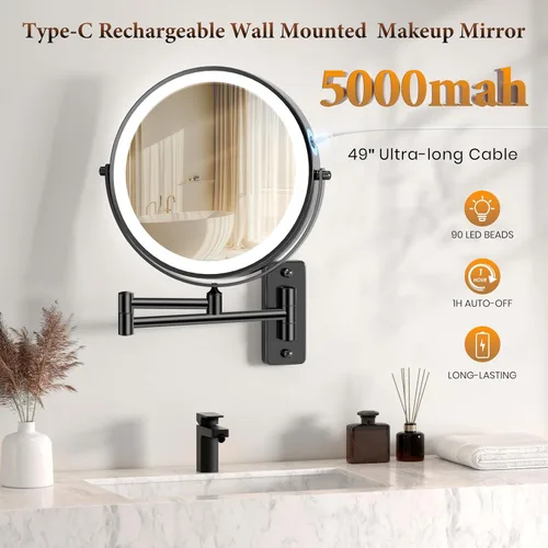 Vista 2 de Espejo de maquillaje iluminado grande de 9 pulgadas, espejo de aumento recargable de 5000 mAh con 3 luces de color regulables al tacto, brazo