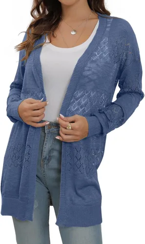 Vista 2 de GRECERELLE - Cárdigan casual ligero de manga larga, holgado, suave, con parte frontal abierta, drapeado, suéter de crochet para protección solar