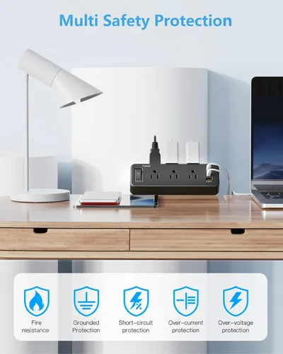 Vista 7 de Regleta de alimentación con abrazadera de escritorio de 6 salidas con USB C, protector de sobretensiones de enchufe plano, montaje de borde de Negro