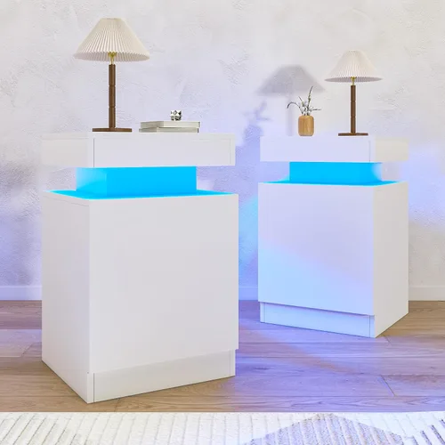 Vista 12 de oneinmil Juego de 2 mesitas de noche con luces LED, mesita de noche con armario de almacenamiento para dormitorio, mesita de noche con LED