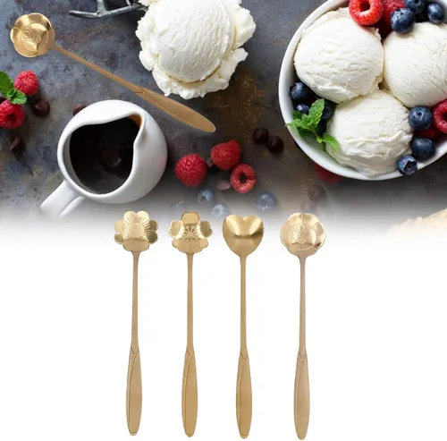 Vista 6 de Cuchara agitadora, 4PCS cuchara mezcladora de flores en forma de corazón cuchara de café de acero inoxidable cuchara de desierto cuchara de té