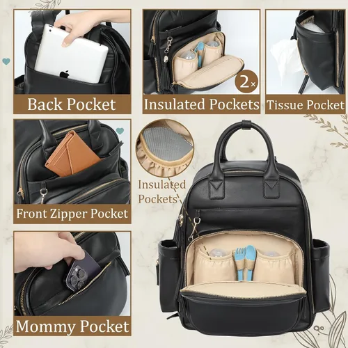 Vista 4 de Omanmoli Mochila para pañales, bolsa de bebé de cuero con 16 bolsillos, mochila grande para pañales de viaje, organizador esencial para bebé, 4 Negro