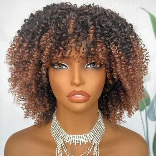 Vista 7 de SOKU Peluca de cabello corto rizado para mujeres negras, peluca corta rizada con flequillo, 10 pulgadas, rubia, resistente al calor, para mujer