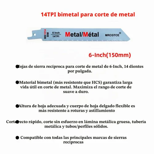 Vista 2 de MRCGTCE Hoja de sierra recíproca de corte de metal, hojas de sierra recíproca bimetálicas 14TPI de 6 pulgadas (10 unidades)