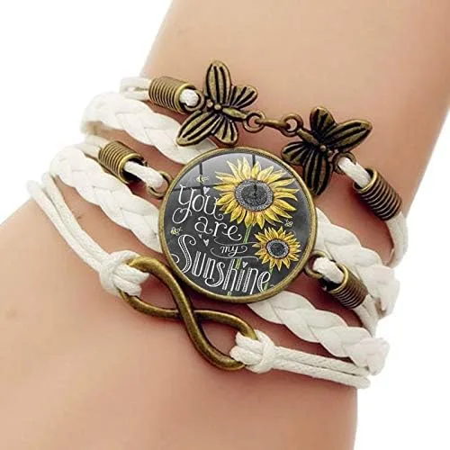 Vista 4 de DATOA Juego de 2 pulseras de cuero con girasol vintage para mujer, con texto en inglés You Are My Sunshine Ana Jewelry Butterfly Infinity Bracelet