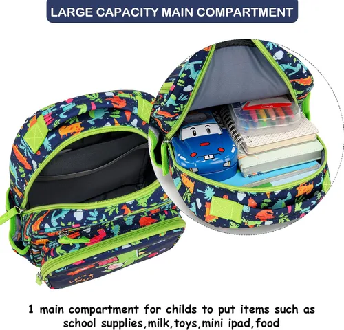 Vista 6 de MINGHUICHIC Mochila para niños pequeños, niñas, niños, jardín de infantes para guardería y preescolar, Dinosaurios, Mochila para niños pequeños
