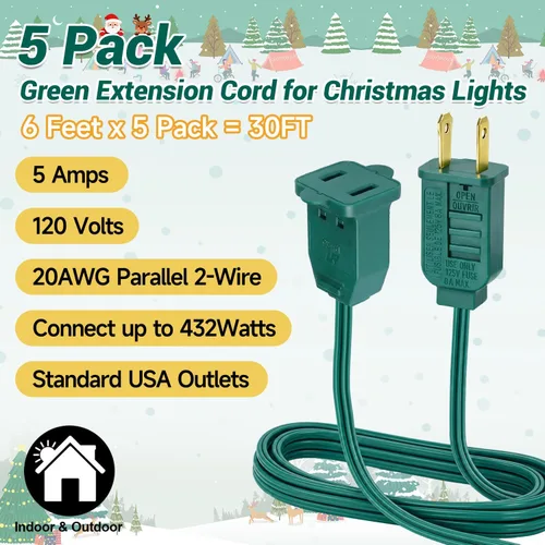 Vista 2 de [30 pies] Paquete de 5 cables de extensión de luz de Navidad de 6 pies Verde-paquete de 5