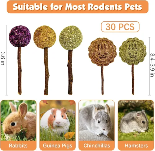 Vista 4 de Fhiny Juguetes masticables de conejo, 30 palitos naturales para masticar, hechos a mano, conejillo de indias, golosinas molares para dientes