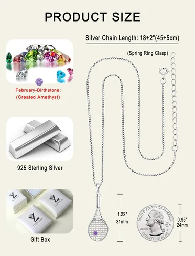 Vista 6 de YL Collar con colgante de raqueta de tenis de plata de ley 925 con piedras preciosas de amor, joyería deportiva para mujeres y hombres