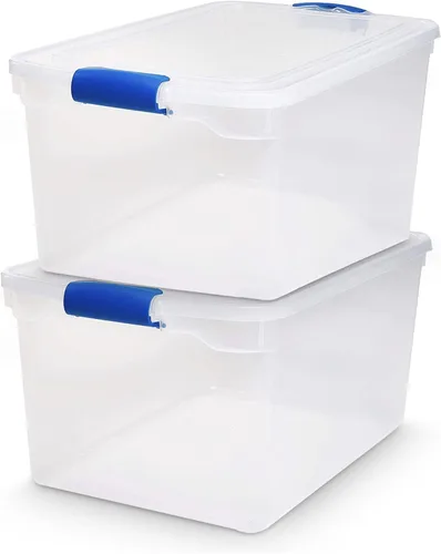 Vista 11 de HOMZ Paquete de 5 cubos organizadores de almacenamiento de plástico transparente, 7.5 cuartos de galón, pestillo azul, contenedores organizadores
