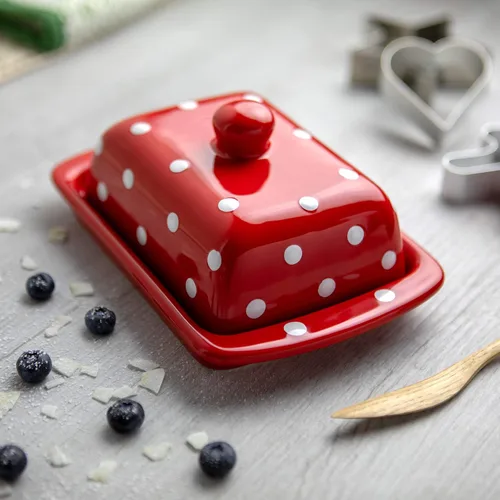 Vista 4 de Juego de 10 recipientes de cerámica hechos a mano con lunares rojos y blancos, recipientes grandes y pequeños, mantequilla, tazas de huevo, salero
