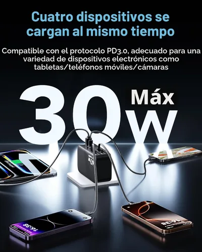 Vista 5 de Cargador de pared retráctil 4 en 1 para iPhone 17 USB C, multipuerto de ladrillo esencial de viaje, iluminación de 3 pies + cables tipo C, bloque