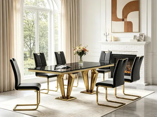 Vista 49 de 5 Piece Black Marble Dining Table Set for 4, Modern Faux Marble Kitchen Dining Room Tables with 4 Leather Chairs Set, 68.11" Luxury Rectangular