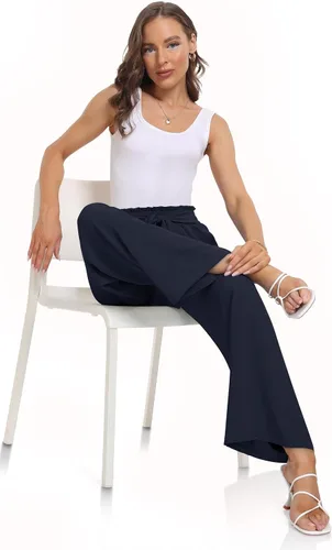 Vista 3 de TARSE Pantalones de vestir para mujer, cintura alta, pierna ancha, pantalones de descanso, pantalones casuales de trabajo con bolsillos