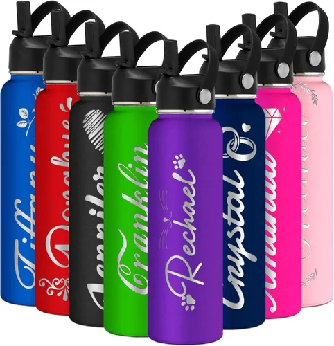 Vista 10 de Botella de agua grabada personalizada aislada con pajilla, botella de agua deportiva personalizada con nombre, botella de agua de acero inoxidable