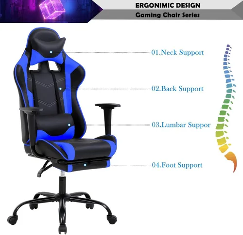 Vista 5 de Reposacabezas de soporte lumbar para computadora de PC, respaldo alto, para oficina, videojuegos, silla giratoria para niños o adultos, azul