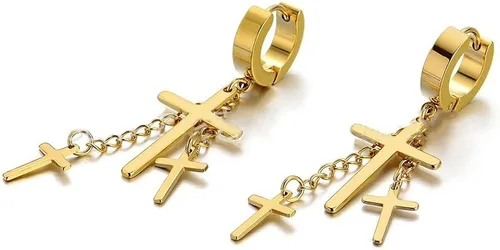 Vista 3 de 3 pares de aretes colgantes de doble cruz colgante para hombres y mujeres, aretes colgantes de cruces de acero inoxidable