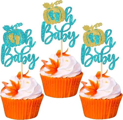Vista 17 de Paquete de 24 adornos para cupcakes de calabaza con purpurina para cupcakes de calabaza para Acción de Gracias, baby shower, decoración de cupcakes
