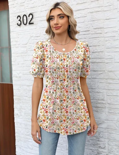 Vista 2 de LOMON Blusa de manga larga y corta para mujer, plisada, cuello redondo, estilo casual, holgada, para otoño